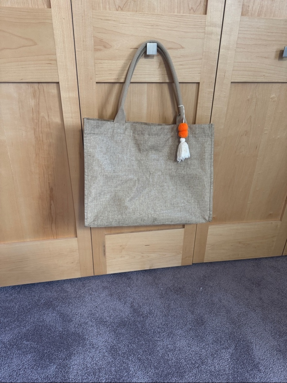 Neutral Beige Tote Bag with Orange Tassel